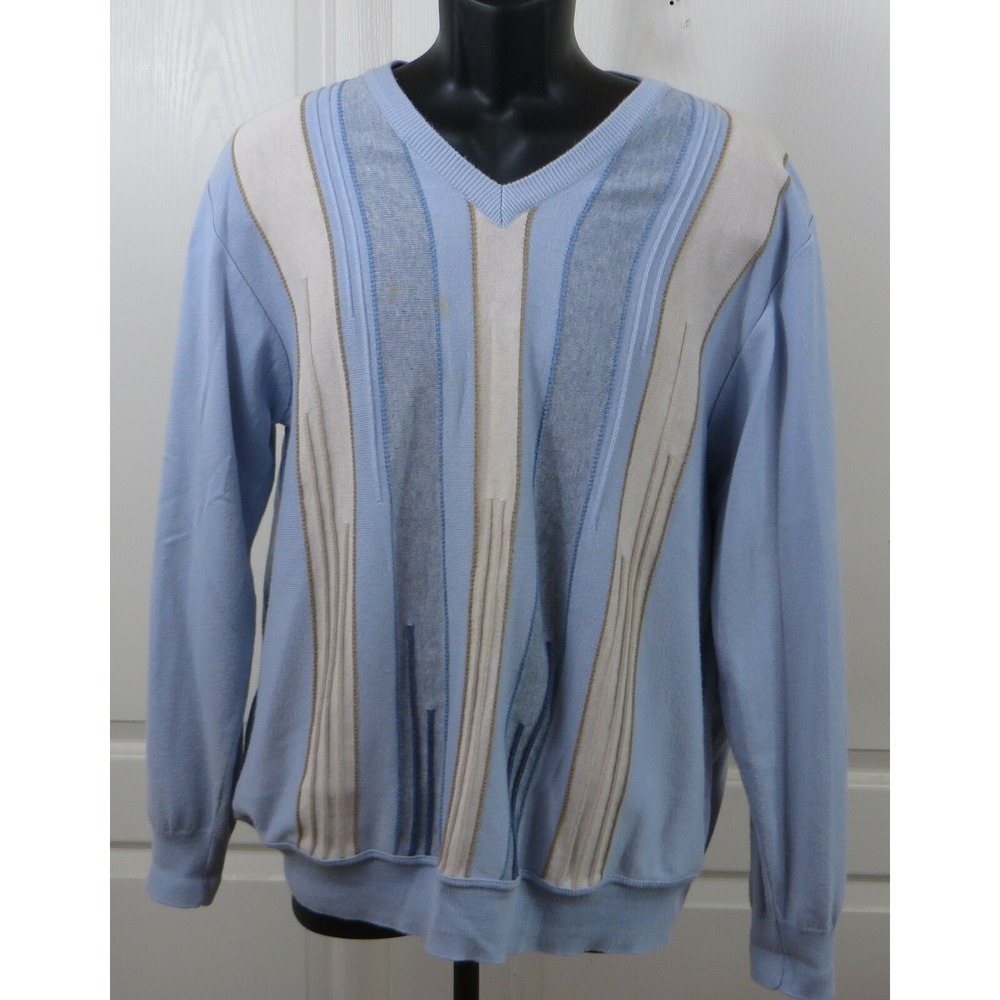 Montechiaro Italy Light Blue Long Sleeve Sweater Stripes Cotton/Acrylic Size L